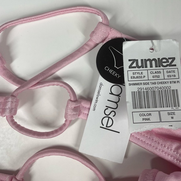 NEW Damsel Zumiez Shimmer Side Tab Cheeky Bikini Bottom Pink Size Medium NWT - Picture 3 of 4